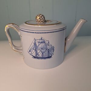 Spode Trade Winds Blue Friendship Teapot, Clipper Ship w/ Gold Trim, England